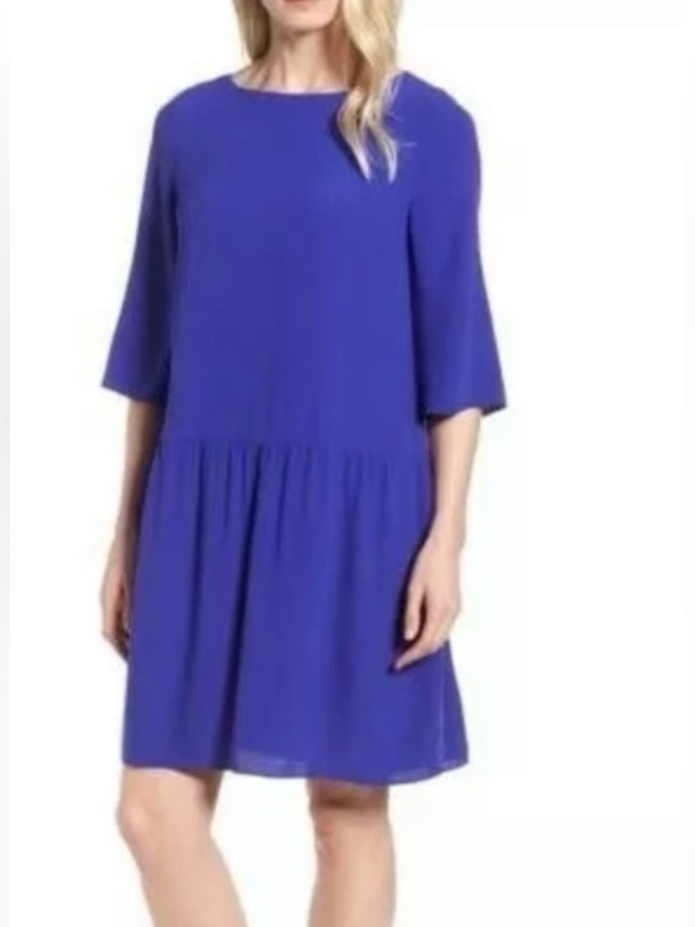 Eileen Fisher L Blue 100% Silk Drop Waist Shift Dress Minimalist